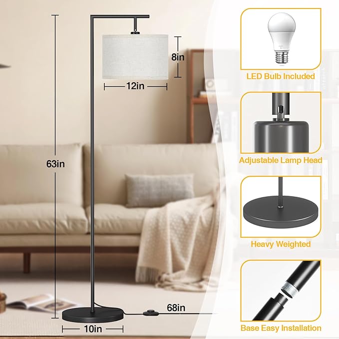 Floor Lamp for Living Room with 3 Color Temperatures Standing Lamp with Adjustable Beige Linen Lampshade Tall Lamps for Bedroom Office Classroom Dorm Room, 9W LED Bulb Included, Black