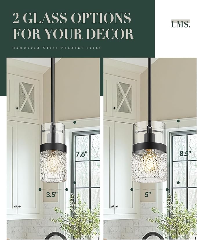 LMS 2-Pack Pendant Lights, 5 Inch Dia Industrial Linear Light Fixtures for Kitchen Island with Adjustable Rods, Medium Hanging Lamp with Hammered Glass, LMS-171PL-BKM-2PK