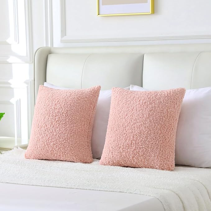 FUTEI Pink Throw Pillow Covers 26x26 Inch Set of 2,Furry Faux Fur Teddy Boucle Textured Cushion Covers,Soft Fluffy Decorative Euro Pillow Shams,Home Decor for Couch Bed Living Room Office Car
