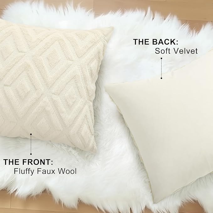 decorUhome Couch Throw Pillow Covers 22x22 Set of 2, Decorative Soft Plush Faux Wool Neutral Accent Pillow Covers for Bed Sofa Living Room, Beige
