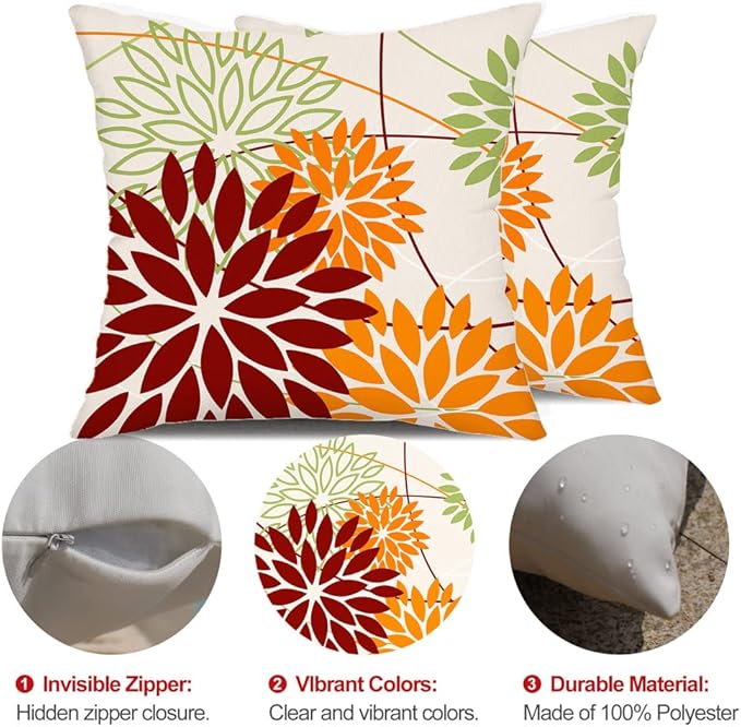 Red Orange Fall Pillow Cover 18X18 Inch Set of 2 Outdoor Waterproof Floral Orange Decorative Pillowcase Decor for Couch Patio Funiture Garden Print Polyester Cushion Cover 01N18