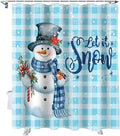 Snowman Christmas Shower Curtain, Let It Snow Winter Holiday Shower Curtains Set with Hooks, Blue White Buffalo Plaid Waterproof Fabric Bathroom Curtains Decor Home Accessories,66 X 72 Inch Long