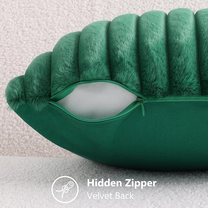 decorUhome Faux Fur Christmas Throw Pillow Covers 22x22 Set of 2, Decorative Soft Plush Striped Neutral Couch Euro Pillow Covers with Velvet Back for Sofa, Bed, Living Room Home Decor, Christmas Green