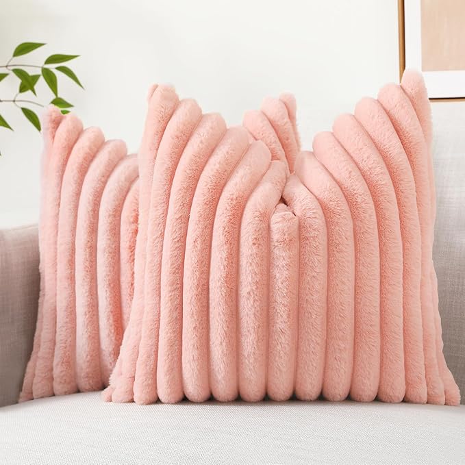 decorUhome Faux Fur Throw Pillow Covers 20x20 Set of 2, Decorative Soft Plush Striped Neutral Couch Euro Pillow Covers with Velvet Back for Sofa, Bed, Living Room Home Decor, Blush Pink
