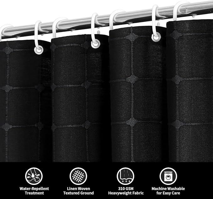 MitoVilla Black Boho Small Stall Shower Curtain Set 36 x 72, Farmhouse Narrow Polyester Linen Fabric Shower Curtains for Bathroom Decor, Half Size Cloth Shower Curtain Set with Hooks