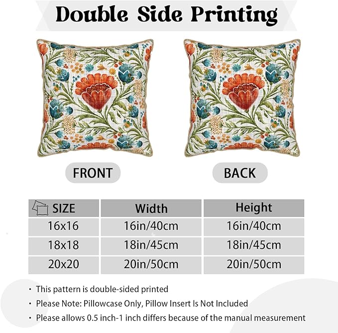 Red Blue Bright Floral Soft Velvet Throw Pillow Covers Set of 2 Colorful Flowers Green Leaf Plant Decorative Pillow Covers 18x18 Inch Boho Rustic Pillow Case For Sofa Couch Living Room Home Decor