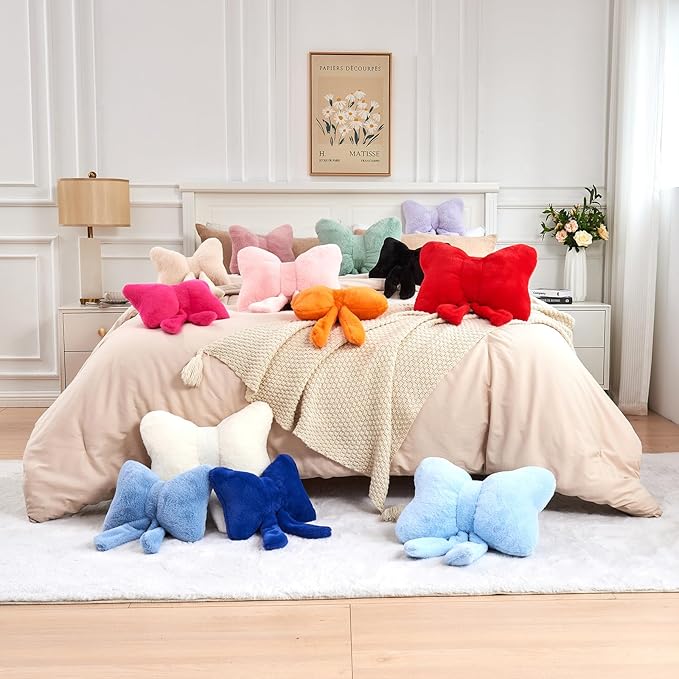 Ivory Bow Pillow, Soft Bow Decorative Pillows with Faux Rabbit Fur, Cute 12" Bow Throw Pillows, Aesthetic Home Decor Bow Shaped Plush Pillow for Bedroom Sofa Couch