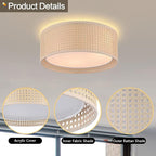 WINGBO 20" Modern 5-Light Flush Mount Ceiling Light Fixture with Rattan & Fabric Double Drum Shade for Bedroom Living Room Dining Room Hallway Entryway, Khaki