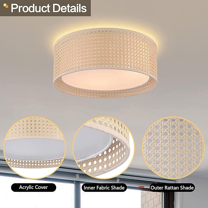 WINGBO 15.7" Modern 3-Light Flush Mount Ceiling Light Fixture with Rattan & Fabric Double Drum Shade for Bedroom Living Room Dining Room Hallway Entryway, Khaki