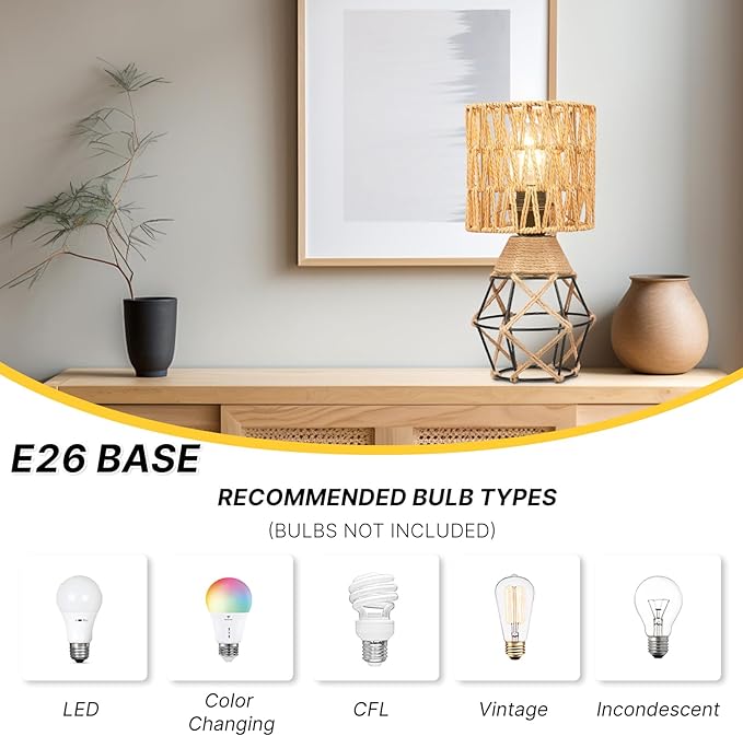 Hamilyeah Boho Table Lamps Set of 2, Industrial Bedside Lamps with Woven Shade, Farmhouse Lamps for Night Stands with On/Off Switch, Modern Simple Desk Lamps for Bedroom, Living Room, Office