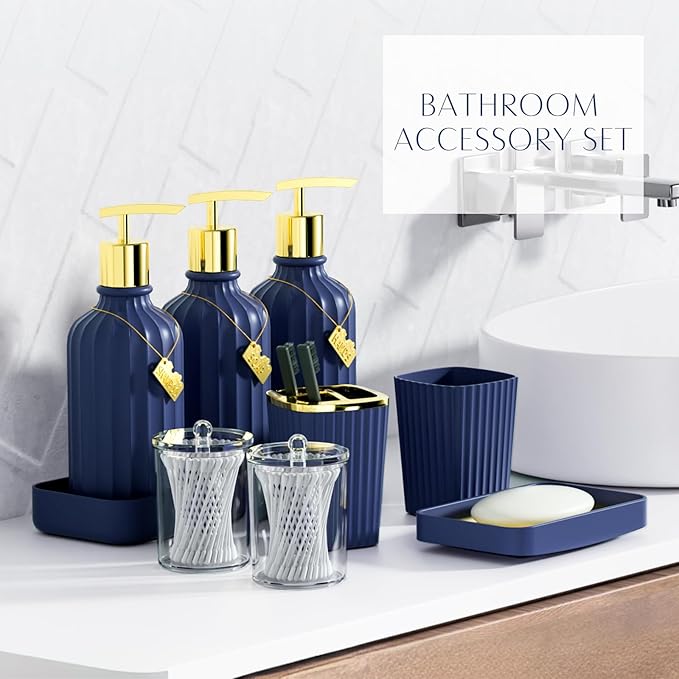 32PC Bathroom Sets with Shower Curtain and Rugs-Navy Blue Bathroom Accessories,Non Slip Bathroom Rugs Set with Toilet Lid Cover, Waterproof Shower Curtain, 3PC Soap Dispenser with Trash Can