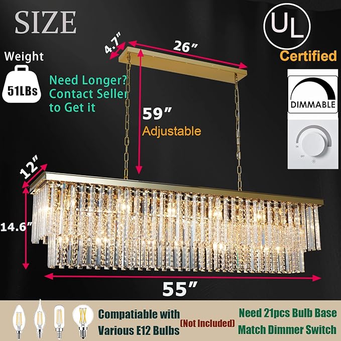 Gold Rectangular Crystal Chandelier Modern Rectangle Chandelier 21 Lights Oval Contemporary Ceiling Light Fixture for Dining Room Kitchen Island Living Room L55 Inch