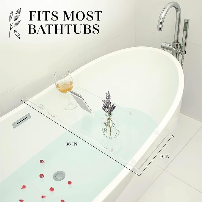 36" Supreme - Clear Acrylic Bathtub Tray Caddy Tub Shelf, Spa Board Luxury Bathroom Bath tub Table, Fits Across Bathtubs, Book, iPad and Wine Glass Holder (Supreme, 36")