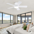 42 Inch White Ceiling Fans with Lights and Remote, LED Low Profile Flush Mount Ceiling Fan for Bedroom, Living Room, Patio, Quiet DC Motor, 5 Blades