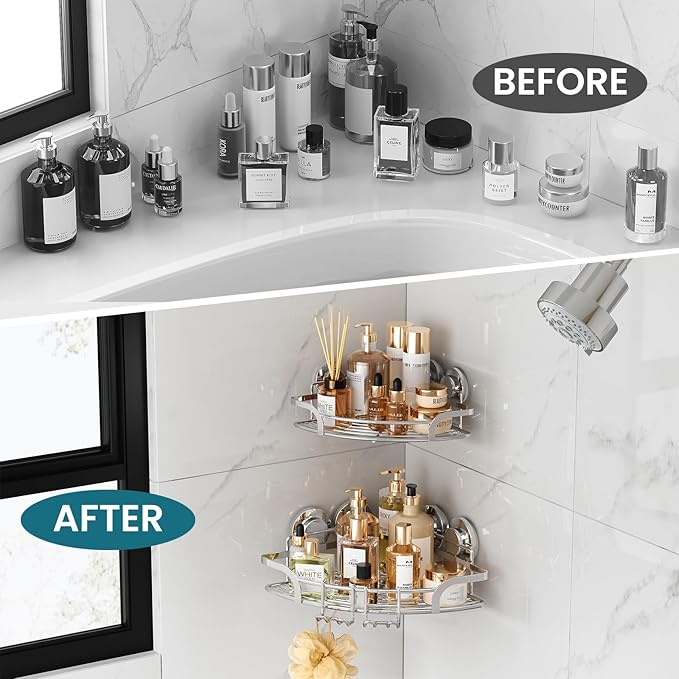 TAILI 2 Pack Powerful Suction Cup Corner Shower Caddy, Stainless Steel Rustproof Shower Shelf with Hook, Drill-Free Wall Mounted Basket, Large Capacity Removable Suction Cup Bathroom Organizer, Silver