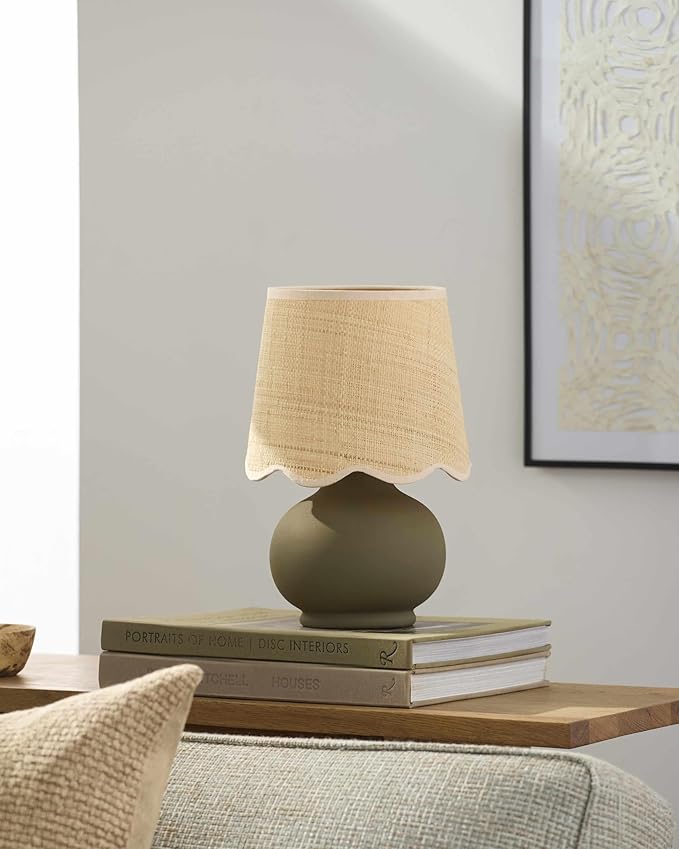 BoutiqueRugs Navarro Boho Ceramic Bedside Table Lamp for Bedroom Nightstand and Living Room - Shade Rattan - Green, Beige - 13" H