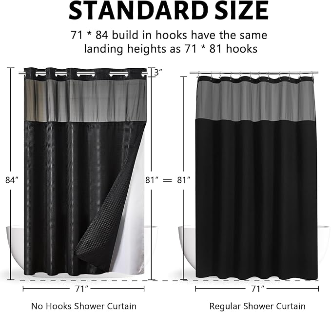 Extra Long No Hook Waffle Weave Shower Curtain with Snap in Fabric Liner Set,Heavy Duty Bathroom Curtains with See Through Window,Machine Washable & Waterproof,Black,71x84 Inch