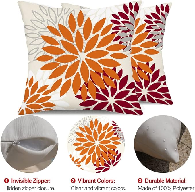 DFXSZ Orange Wine Red Flower Pillow Covers 16x16 Inch Set of 2 Outdoor Throw Pillows Outdoor Waterproof Decor for Living Room Sofa Patio Funiture Garden Floral Polyester Pillow Covers 002S16