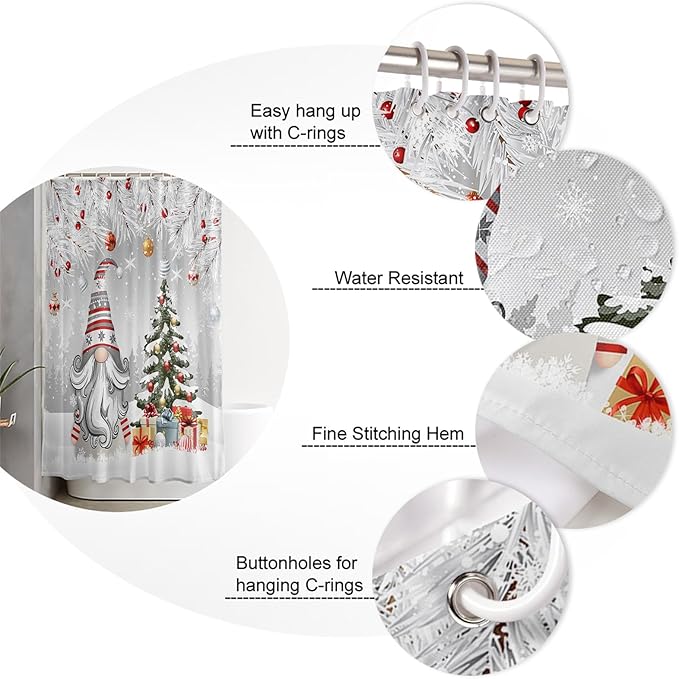 Vandarllin Christmas Gnome Shower Curtain, Winter Merry Christmas Tree Balls Shower Curtains Set with Hooks, Grey Waterproof Fabric Bathroom Curtains Decor Home Accessories,72 X 78 Inch Long