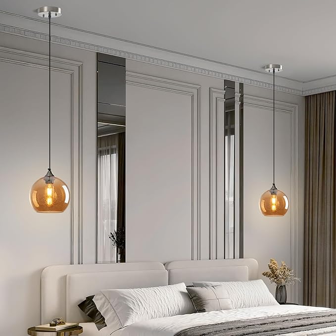 Amber Glass Pendant Lights Kitchen Island Lighting Globe Pendant Light Fixtures Modern Pendant Lighting for Bedroom Living Dining Room Light Fixture (7.87 in, 1 Pack)