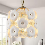 Gold Glass Pendant Light with White Ceramic Flowers, 1-Pack Luxury Small Ceiling Pendant Light Fixture 1-Light for Kitchen Island Sink Dining Room Entryway Hallway, E26