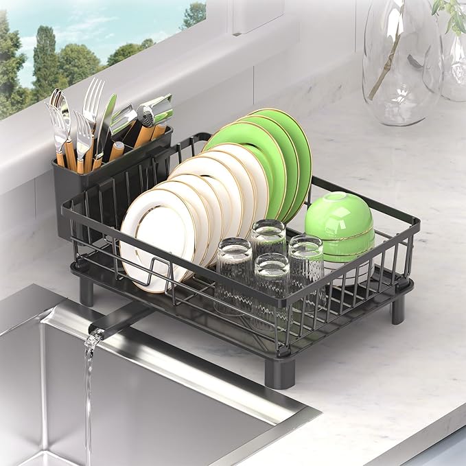 Dish Drying Rack for Kitchen Counter, Stainless Steel Dish Strainer with Detachable Cutlery Holder, Automatic Drainage System, Drainers Rack for Home and Appartment