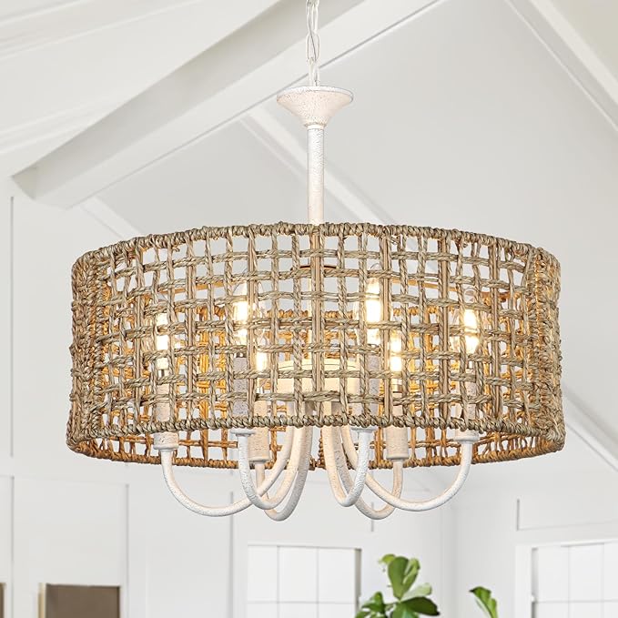 LynPon 17.7" White Boho Rattan Chandelier for Dining Room, 6-Light Boho Rattan Light Fixture with Hand Woven Wicker Shade, Coastal Vintage Chandelier for Living Room Kitchen Bedroom Entryway Hallway