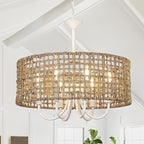LynPon 17.7" White Boho Rattan Chandelier for Dining Room, 6-Light Boho Rattan Light Fixture with Hand Woven Wicker Shade, Coastal Vintage Chandelier for Living Room Kitchen Bedroom Entryway Hallway