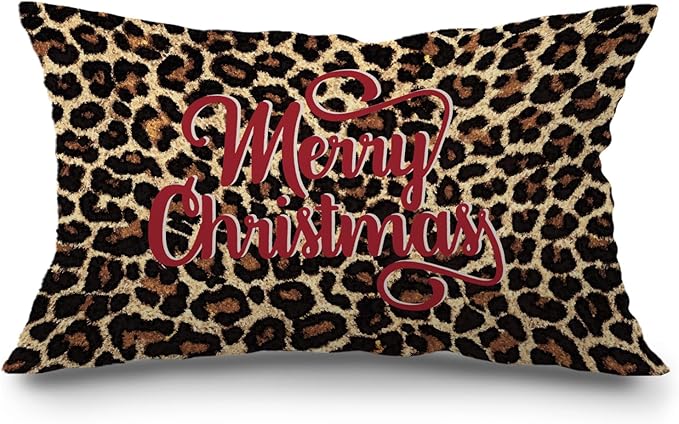 JINYO Leopard Print Merry Christmas Pillow Covers 12x20, Leopard Christmas Home Decor, Trendy Xmas Cheetah Holiday Lumbar Pillow Covers for Home Living Room Bedroom Sofa Couch