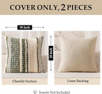 ANRODUO Pack of 2 Boho Decorative Throw Pillow Covers 26x26 Farmhouse Cushion Case Striped Chenille Pillow Cases Square Pillow Covers Accent Neutral Pillowcase for Sofa Couch Bed, Olive Green Stripe