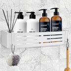 Shower Caddy Shelf Rack, Self Adhesive Shower Shelves with Hooks, Rustproof Bathroom Organizers and Storage, Home Decor Accessories (Rectangle-White)