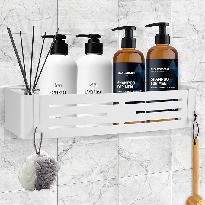 Shower Caddy Shelf Rack, Self Adhesive Shower Shelves with Hooks, Rustproof Bathroom Organizers and Storage, Home Decor Accessories (Rectangle-White)