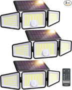 Ensenior Motion Sensor Outdoor Lights, 220 LED IP65 Waterproof Solar Security Light with Remote Control, 3 Heads Solar Flood Light Outdoor with 4 Modes, 270° Wide Angle Motion Light for Outside -3Pack