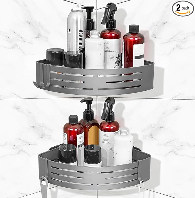Corner Shower Caddy - 2 Pack Adhesive Shower Caddy Shelf Organizer Corner with Hooks, Rustproof Stainless Steel Bath Organizers Shower Shelf No Drilling Shelves for Bathroom Storage, Grey