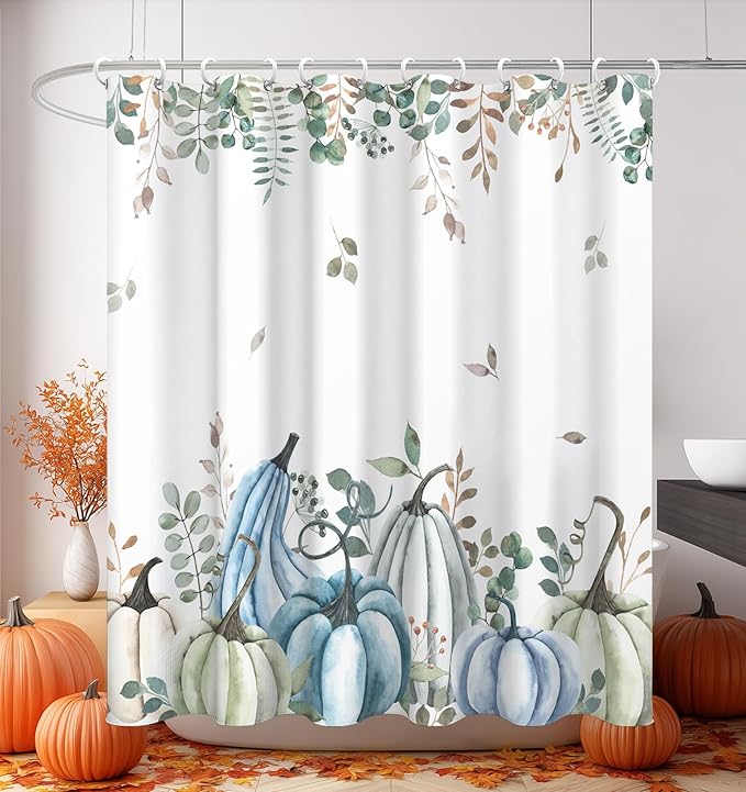 MAMUSE Fall Shower Curtain for Bathroom Stall Cute Decorative Waterproof Unique Design TeenWomen Cortinas de Baño Bathtub 72 x72 Inch, Blue Pumpkins