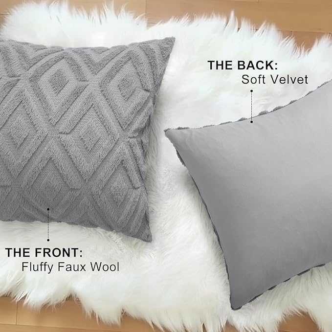 decorUhome Couch Throw Pillow Covers 22x22 Set of 2, Decorative Soft Plush Faux Wool Neutral Accent Pillow Covers for Bed Sofa Living Room, Grey