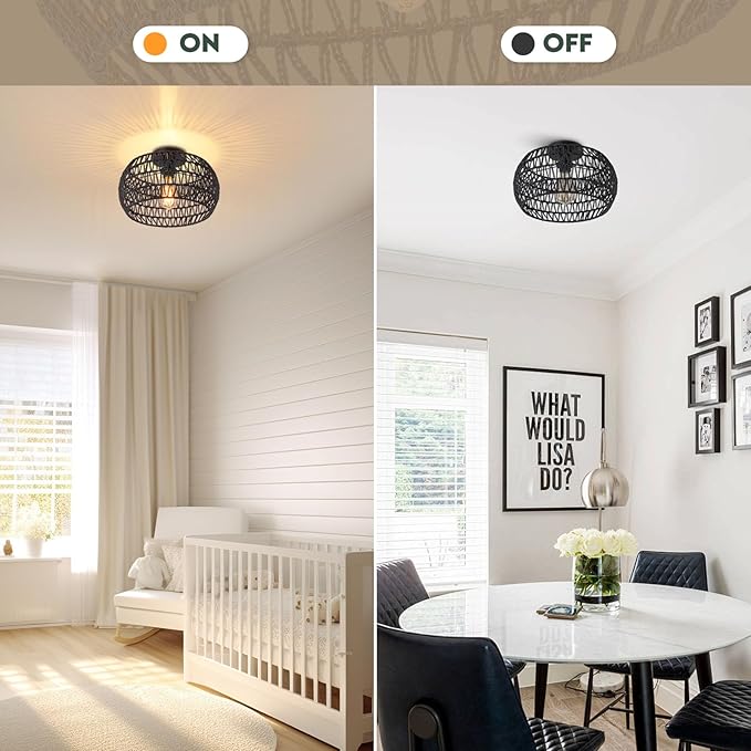 Boho Ceiling Lights Fixtures Black Rattan Chandelier Light Small Rattan Flush Mount Ceiling Lighting Hand-Woven Chandelier for Nursery Light Fixture Kitchen Bedroom Hallway