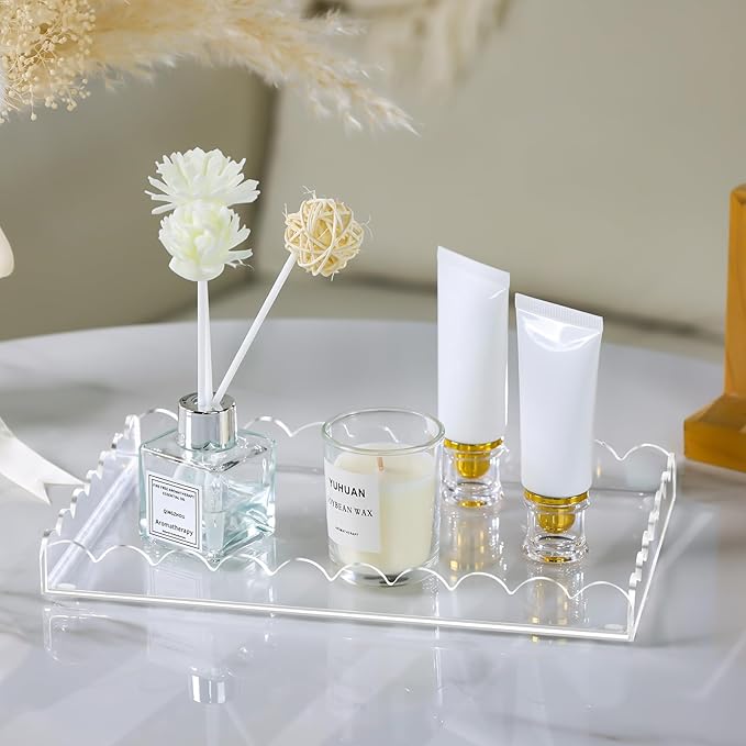 2 Pack Acrylic Bathroom Vanity Tray 7.9" and 9.6", Soap Dispenser Decorative Scalloped Tray for Bathroom Kitchen Living Room Decor Vanity Perfume