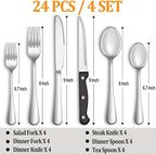 24 Pcs Silverware Set with Steak Knives Service for 4,Stainless Steel Flatware Set,Mirror Polished Cutlery Utensil Sets,Home Kitchen Eating Tableware Sets,Include Fork Knife Spoon,Dishwasher Safe