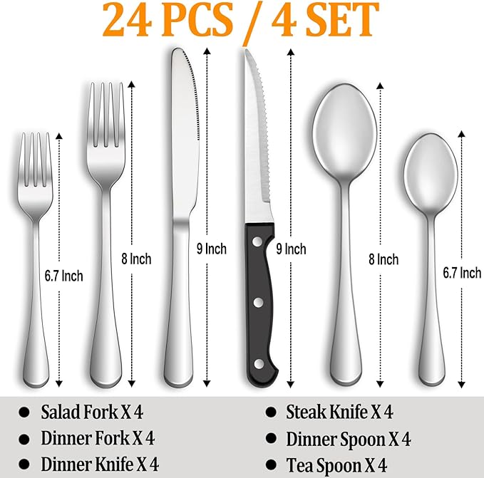24 Pcs Silverware Set with Steak Knives Service for 4,Stainless Steel Flatware Set,Mirror Polished Cutlery Utensil Sets,Home Kitchen Eating Tableware Sets,Include Fork Knife Spoon,Dishwasher Safe