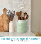 Comfify Wide Mouth Mason Jar Utensil Holder Decorative Kitchenware Organizer Crock, Dishwasher Safe - Kitchen Caddy Green, Large Size 7" Hight