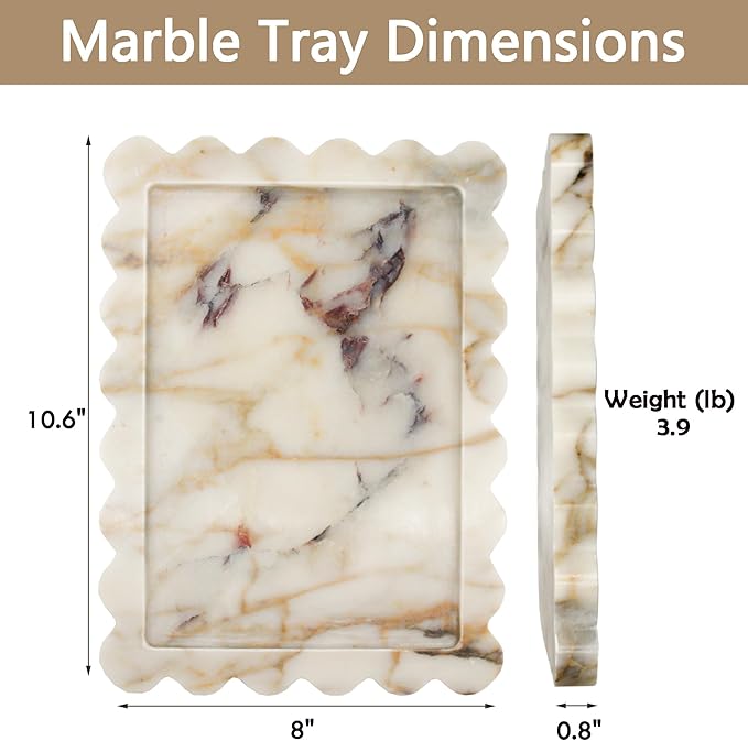 Genuine Calacatta Viola Scalloped Marble Tray, Real Natural Marble Stone Tray, Luxury Decorative Trays for Bathroom, Dresser, Vanity, Kitchen, Home Decor, 10.6" x 8", Calacatta Gold