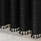 MitoVilla 72 x 78 Black Farmhouse Shower Curtain Set, Boho 78 inch Long Polyester Linen Tassel Fabric Shower Curtain Set for Chic Cottagecore French Rustic Bathroom Decor