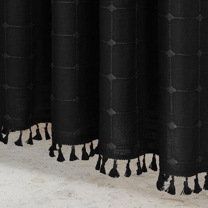 MitoVilla Black Boho Small Stall Shower Curtain Set 36 x 72, Farmhouse Narrow Polyester Linen Fabric Shower Curtains for Bathroom Decor, Half Size Cloth Shower Curtain Set with Hooks