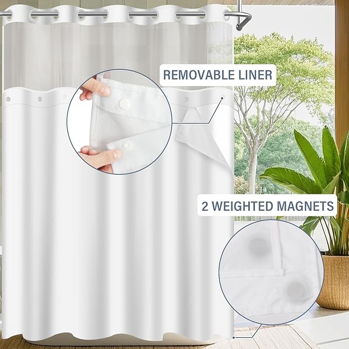 No Hook Shower Curtain with Snap in Liner and Sheer Window, Blue Modern Geometric Fabric Shower Curtain Set for Bathroom Decor, 15-Second Quick Install, Abstract Irregular Ombre, 71"X86"
