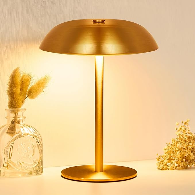Cordless Mushroom Table Lamp, 2500mAH Rechargeable Battery Operated Lamp with 3 Color Stepless Dimming, Portable Touch Bedside Lamps for Bedroom, Nightstand, Patio, Office, Party, Bar, Gold