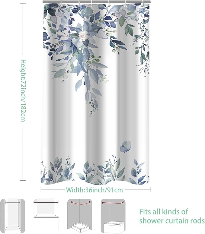Eucalyptus Shower Curtain, Blue Watercolor Leaves with Floral Botanical Bathroom Decor, Waterproof Fabric Bath Curtain Set with Hooks, 36x72 Inches
