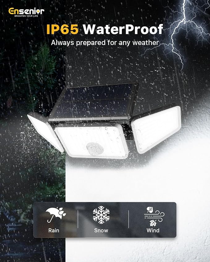 Ensenior Motion Sensor Outdoor Lights, 220 LED IP65 Waterproof Solar Security Light with Remote Control, 3 Heads Solar Flood Light Outdoor with 4 Modes, 270° Wide Angle Motion Light for Outside -3Pack