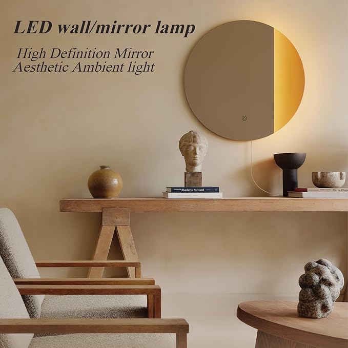 ONEWISH LED Wall Sconce, Dimmable Mirror Wall Lamp,16.93 inch Round Wall Lights for Bedroom with Memory Function, Wall Lamps for Living Room Entryway, Bronze