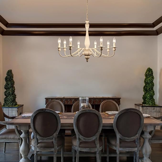 Distressed White French Country Chandelier 8 Lights Rustic Farmhouse Chandelier for Dining Room Light Fixture Candle Pendant Lights Handmade Wood Chandeliers for Living Room Bedrooms Kitchen